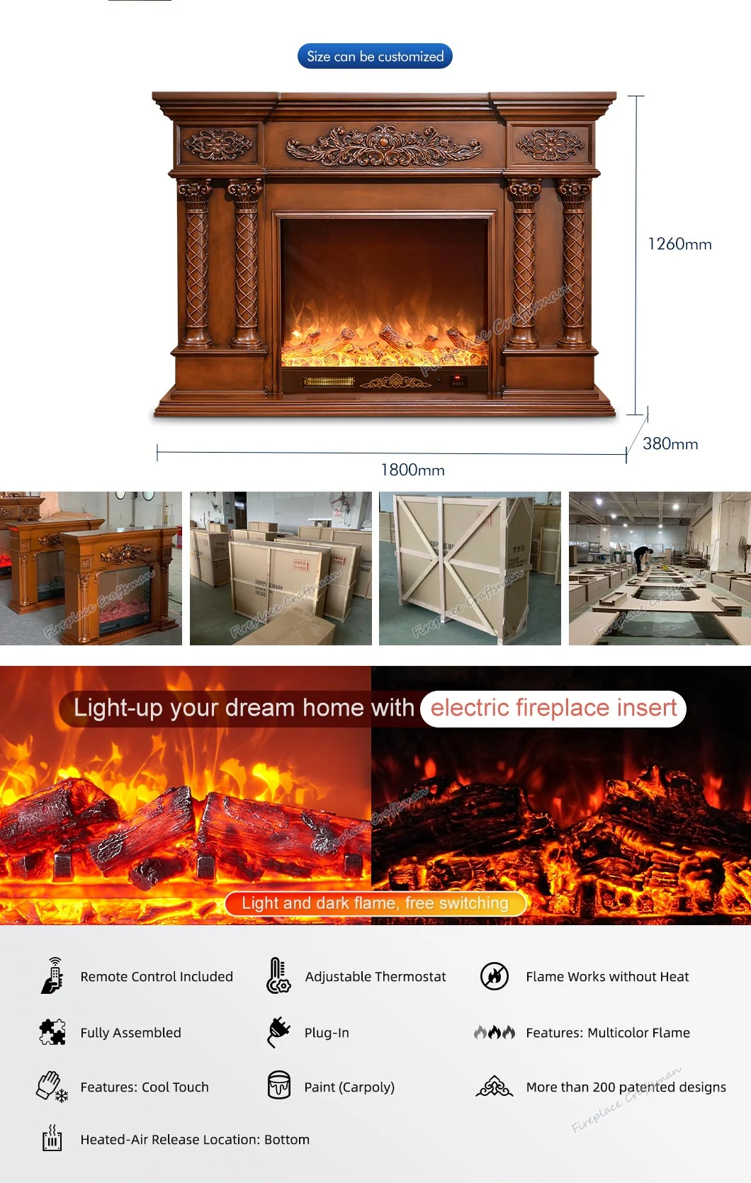 220V Modern Artistic Brown MDF Heater Burner Wood Burning Pellet Stove Wooden Mantle Electric Fireplace for Home Decor