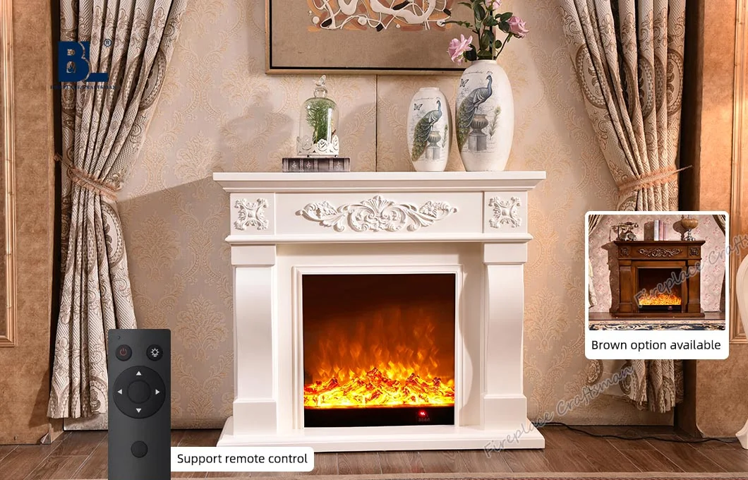 Freestanding Solid Wood Resin Carved Electric Fireplace Surround Mantels for Sale